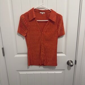 Pleione Women's Button Up Blouse Bright Red Crinkle Look Stretch Size Medium